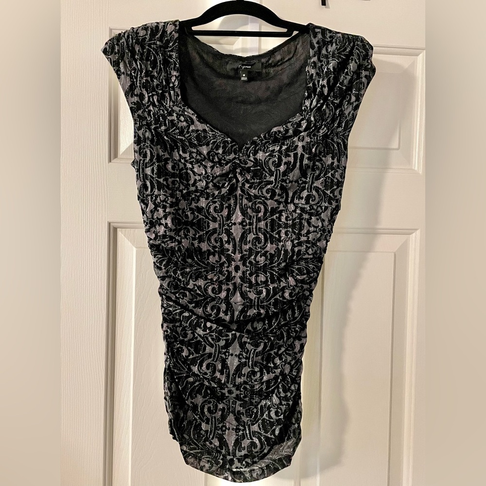 Express Fleur-de-Lis Sparkle Ruched Top sz M